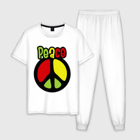 Мужская пижама хлопок с принтом Peace red, yellow, green , 100% хлопок | брюки и футболка прямого кроя, без карманов, на брюках мягкая резинка на поясе и по низу штанин
 | reggae | мир | регги