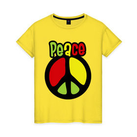 Женская футболка хлопок с принтом Peace red, yellow, green , 100% хлопок | прямой крой, круглый вырез горловины, длина до линии бедер, слегка спущенное плечо | reggae | мир | регги