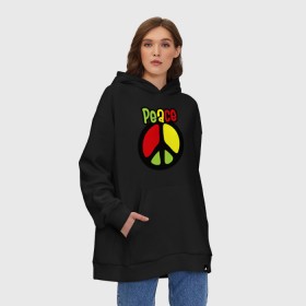 Худи SuperOversize хлопок с принтом Peace red, yellow, green , 70% хлопок, 30% полиэстер, мягкий начес внутри | карман-кенгуру, эластичная резинка на манжетах и по нижней кромке, двухслойный капюшон
 | reggae | мир | регги