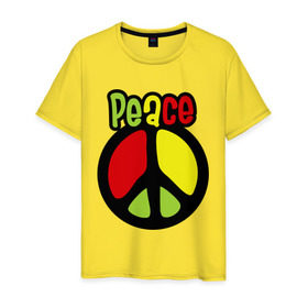 Мужская футболка хлопок с принтом Peace red, yellow, green , 100% хлопок | прямой крой, круглый вырез горловины, длина до линии бедер, слегка спущенное плечо. | reggae | мир | регги