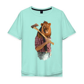 Мужская футболка хлопок Oversize с принтом Lion lumberjack , 100% хлопок | свободный крой, круглый ворот, “спинка” длиннее передней части | голова животного | лев в рубашке | лев с телом человека | лев с топором | тело человека | человек с головой льва