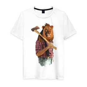 Мужская футболка хлопок с принтом Lion lumberjack , 100% хлопок | прямой крой, круглый вырез горловины, длина до линии бедер, слегка спущенное плечо. | голова животного | лев в рубашке | лев с телом человека | лев с топором | тело человека | человек с головой льва