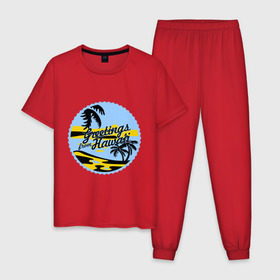 Мужская пижама хлопок с принтом Greetings from Hawaii , 100% хлопок | брюки и футболка прямого кроя, без карманов, на брюках мягкая резинка на поясе и по низу штанин
 | летние | лето | на лето | серфинг
