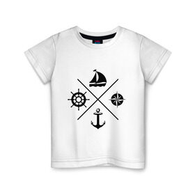 Детская футболка хлопок с принтом Sailor theme , 100% хлопок | круглый вырез горловины, полуприлегающий силуэт, длина до линии бедер | sailor theme | азимут | компас | кораблик | корабль | лодка | путешествие | штурвал | якорь