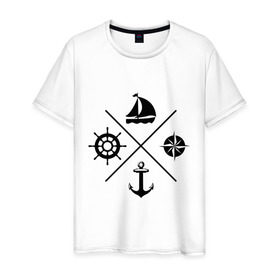 Мужская футболка хлопок с принтом Sailor theme , 100% хлопок | прямой крой, круглый вырез горловины, длина до линии бедер, слегка спущенное плечо. | Тематика изображения на принте: sailor theme | азимут | компас | кораблик | корабль | лодка | путешествие | штурвал | якорь