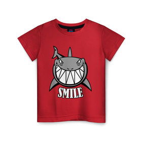 Детская футболка хлопок с принтом Акула улыбается , 100% хлопок | круглый вырез горловины, полуприлегающий силуэт, длина до линии бедер | животные | зубы | оскал | пасть | улыбка | хищник