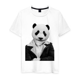 Мужская футболка хлопок с принтом Панда в свитере , 100% хлопок | прямой крой, круглый вырез горловины, длина до линии бедер, слегка спущенное плечо. | Тематика изображения на принте: panda | животное с телом человека | животные | панда в куртке | тело человека голова животного | человек с головой животного