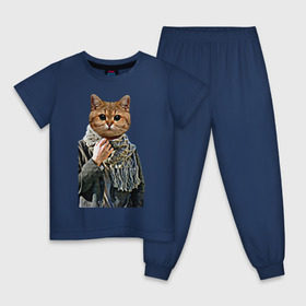 Детская пижама хлопок с принтом Котейка в шарфе , 100% хлопок |  брюки и футболка прямого кроя, без карманов, на брюках мягкая резинка на поясе и по низу штанин
 | Тематика изображения на принте: cat | животное с телом человека | животные | киса | кот | котенок | кошка | кошка в пальто | тело человека голова животного | человек с головой животного