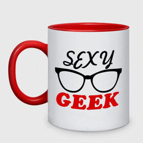 Кружка двухцветная с принтом sexy geek , керамика | объем — 330 мл, диаметр — 80 мм. Цветная ручка и кайма сверху, в некоторых цветах — вся внутренняя часть | ботаник | очки | студент