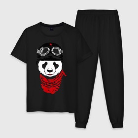 Мужская пижама хлопок с принтом Панда байкер , 100% хлопок | брюки и футболка прямого кроя, без карманов, на брюках мягкая резинка на поясе и по низу штанин
 | panda | медведь | медвежонок | мишка | мотоциклист | шлем