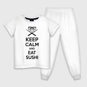 Детская пижама хлопок с принтом Keep calm and eat sushi , 100% хлопок |  брюки и футболка прямого кроя, без карманов, на брюках мягкая резинка на поясе и по низу штанин
 | keep calm and eat sushi | sushi | палочки | палочки для суши | роллы | ролы | суши