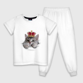 Детская пижама хлопок с принтом Pretty kitten , 100% хлопок |  брюки и футболка прямого кроя, без карманов, на брюках мягкая резинка на поясе и по низу штанин
 | kitten | meow | meow kitten | киса | корона | корона на голове кота | кот | кот с короной | котик | котэ | котяра | кошка | прикольный кот