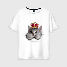 Женская футболка хлопок Oversize с принтом Pretty kitten , 100% хлопок | свободный крой, круглый ворот, спущенный рукав, длина до линии бедер
 | kitten | meow | meow kitten | киса | корона | корона на голове кота | кот | кот с короной | котик | котэ | котяра | кошка | прикольный кот