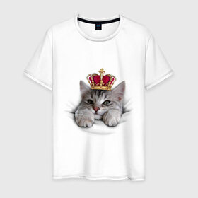 Мужская футболка хлопок с принтом Pretty kitten , 100% хлопок | прямой крой, круглый вырез горловины, длина до линии бедер, слегка спущенное плечо. | kitten | meow | meow kitten | киса | корона | корона на голове кота | кот | кот с короной | котик | котэ | котяра | кошка | прикольный кот