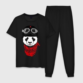 Мужская пижама хлопок с принтом Панда байкер , 100% хлопок | брюки и футболка прямого кроя, без карманов, на брюках мягкая резинка на поясе и по низу штанин
 | panda biker | панда в шлеме | панда на байке