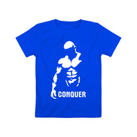 Детская футболка хлопок с принтом Conquer , 100% хлопок | круглый вырез горловины, полуприлегающий силуэт, длина до линии бедер | Тематика изображения на принте: bodybuilding | conquer | power | бодибилдинг | сила | силовой спорт | силовой экстрим | спорт