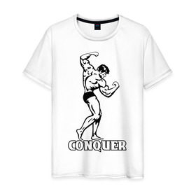 Мужская футболка хлопок с принтом Conquer (побеждать). , 100% хлопок | прямой крой, круглый вырез горловины, длина до линии бедер, слегка спущенное плечо. | Тематика изображения на принте: 