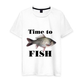 Мужская футболка хлопок с принтом Time to fish. , 100% хлопок | прямой крой, круглый вырез горловины, длина до линии бедер, слегка спущенное плечо. | 