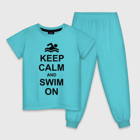 Детская пижама хлопок с принтом Keep calm and swim on. , 100% хлопок |  брюки и футболка прямого кроя, без карманов, на брюках мягкая резинка на поясе и по низу штанин
 | keep calm | keep calm and swim on | плавание | пловец