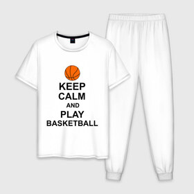 Мужская пижама хлопок с принтом Keep calm and play basketball. , 100% хлопок | брюки и футболка прямого кроя, без карманов, на брюках мягкая резинка на поясе и по низу штанин
 | сохраняй спокойствие