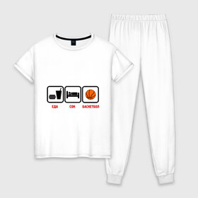 Женская пижама хлопок с принтом Главное в жизни еда,сон,баскетбол. , 100% хлопок | брюки и футболка прямого кроя, без карманов, на брюках мягкая резинка на поясе и по низу штанин | basketball