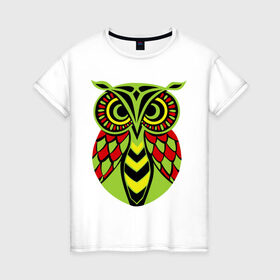 Женская футболка хлопок с принтом Цветная совушка , 100% хлопок | прямой крой, круглый вырез горловины, длина до линии бедер, слегка спущенное плечо | Тематика изображения на принте: сова