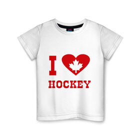 Детская футболка хлопок с принтом Я люблю канадский хоккей. , 100% хлопок | круглый вырез горловины, полуприлегающий силуэт, длина до линии бедер | Тематика изображения на принте: hockey | i love hochey | канада | кленовые листья | спорт | хоккей | я люблю хоккей