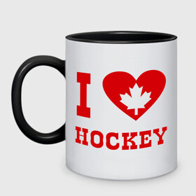 Кружка двухцветная с принтом Я люблю канадский хоккей. , керамика | объем — 330 мл, диаметр — 80 мм. Цветная ручка и кайма сверху, в некоторых цветах — вся внутренняя часть | Тематика изображения на принте: hockey | i love hochey | канада | кленовые листья | спорт | хоккей | я люблю хоккей