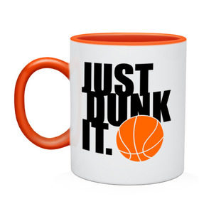 Кружка двухцветная с принтом Just dunk it. , керамика | объем — 330 мл, диаметр — 80 мм. Цветная ручка и кайма сверху, в некоторых цветах — вся внутренняя часть | just dunk | just dunk it | nba | баскетбол | баскетбольный мяч | мяч dunk | нба