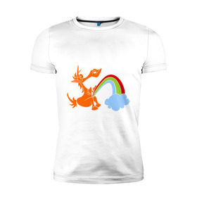 Мужская футболка премиум с принтом Писающий единорог , 92% хлопок, 8% лайкра | приталенный силуэт, круглый вырез ворота, длина до линии бедра, короткий рукав | unicorn | единорог | единорог и радуга | облако с радугой | прикольный единорог | радуга | радуга из единорога