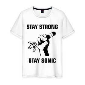 Мужская футболка хлопок с принтом Doctor Who : Stay Strong Stay Sonic , 100% хлопок | прямой крой, круглый вырез горловины, длина до линии бедер, слегка спущенное плечо. | Тематика изображения на принте: 
