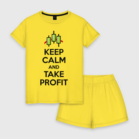 Женская пижама с шортиками хлопок с принтом Keep calm andTake profit. , 100% хлопок | футболка прямого кроя, шорты свободные с широкой мягкой резинкой | keep calm | take profit | делайте прибыль | прибыль | сохраняйте спокойствие