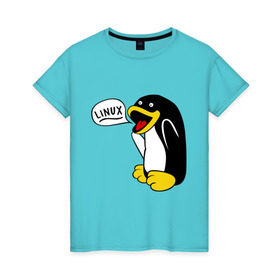 Женская футболка хлопок с принтом Пингвин: Linux , 100% хлопок | прямой крой, круглый вырез горловины, длина до линии бедер, слегка спущенное плечо | пингвин