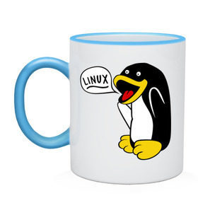 Кружка двухцветная с принтом Пингвин: Linux , керамика | объем — 330 мл, диаметр — 80 мм. Цветная ручка и кайма сверху, в некоторых цветах — вся внутренняя часть | Тематика изображения на принте: пингвин