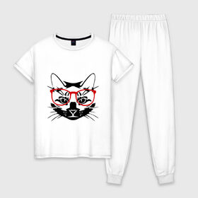 Женская пижама хлопок с принтом Котэ , 100% хлопок | брюки и футболка прямого кроя, без карманов, на брюках мягкая резинка на поясе и по низу штанин | домашний животные | животные | котэ | кошка в очках | кошки