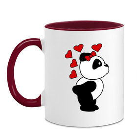Кружка двухцветная с принтом Поцелуй панды (парная) , керамика | объем — 330 мл, диаметр — 80 мм. Цветная ручка и кайма сверху, в некоторых цветах — вся внутренняя часть | панда
