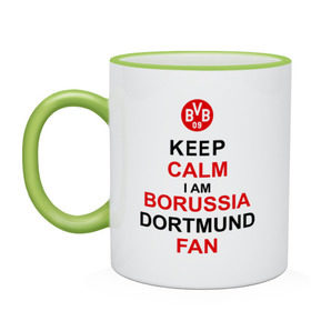 Кружка двухцветная с принтом keep calm i am Borussia Dortmund fan , керамика | объем — 330 мл, диаметр — 80 мм. Цветная ручка и кайма сверху, в некоторых цветах — вся внутренняя часть | football | болельщикам | борусия | боруссия | спорт | фк | футбольнsй клуб | футбольные