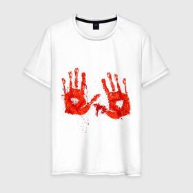 Мужская футболка хлопок с принтом Отпечатки рук (кровь) , 100% хлопок | прямой крой, круглый вырез горловины, длина до линии бедер, слегка спущенное плечо. | кровища | ладони | прикольные картинки | руки