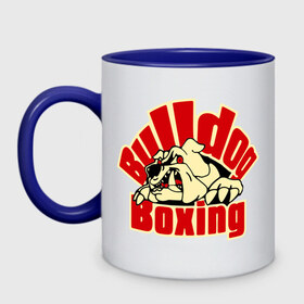 Кружка двухцветная с принтом Bulldog Boxing , керамика | объем — 330 мл, диаметр — 80 мм. Цветная ручка и кайма сверху, в некоторых цветах — вся внутренняя часть | Тематика изображения на принте: 