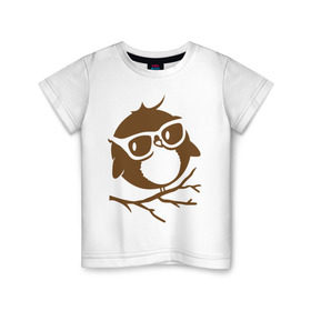 Детская футболка хлопок с принтом Совёнок в очках. , 100% хлопок | круглый вырез горловины, полуприлегающий силуэт, длина до линии бедер | Тематика изображения на принте: сова