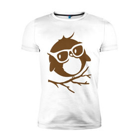 Мужская футболка премиум с принтом Совёнок в очках. , 92% хлопок, 8% лайкра | приталенный силуэт, круглый вырез ворота, длина до линии бедра, короткий рукав | сова