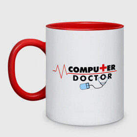 Кружка двухцветная с принтом computer doctor , керамика | объем — 330 мл, диаметр — 80 мм. Цветная ручка и кайма сверху, в некоторых цветах — вся внутренняя часть | admin | админам | комп | компьютер | системному админестратору | чинить компьютер