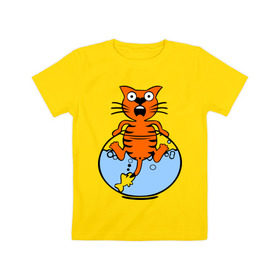 Детская футболка хлопок с принтом Кот в аквариуме , 100% хлопок | круглый вырез горловины, полуприлегающий силуэт, длина до линии бедер | cat | испуганный кот | кот в воде | рыба за хвост | смешной кот