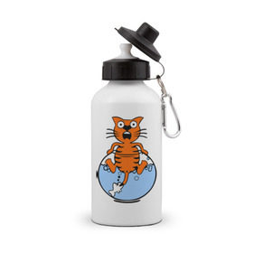 Бутылка спортивная с принтом Кот в аквариуме , металл | емкость — 500 мл, в комплекте две пластиковые крышки и карабин для крепления | cat | испуганный кот | кот в воде | рыба за хвост | смешной кот