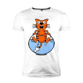 Мужская футболка премиум с принтом Кот в аквариуме , 92% хлопок, 8% лайкра | приталенный силуэт, круглый вырез ворота, длина до линии бедра, короткий рукав | cat | испуганный кот | кот в воде | рыба за хвост | смешной кот