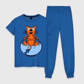 Женская пижама хлопок с принтом Кот в аквариуме , 100% хлопок | брюки и футболка прямого кроя, без карманов, на брюках мягкая резинка на поясе и по низу штанин | cat | испуганный кот | кот в воде | рыба за хвост | смешной кот