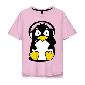 Мужская футболка хлопок Oversize с принтом Пингвин в наушниках , 100% хлопок | свободный крой, круглый ворот, “спинка” длиннее передней части | животные | пингвиненок | пингвинчик | прикольные картинки