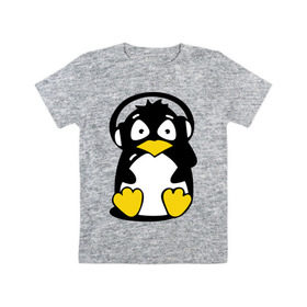 Детская футболка хлопок с принтом Пингвин в наушниках , 100% хлопок | круглый вырез горловины, полуприлегающий силуэт, длина до линии бедер | Тематика изображения на принте: животные | пингвиненок | пингвинчик | прикольные картинки