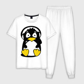 Мужская пижама хлопок с принтом Пингвин в наушниках , 100% хлопок | брюки и футболка прямого кроя, без карманов, на брюках мягкая резинка на поясе и по низу штанин
 | животные | пингвиненок | пингвинчик | прикольные картинки