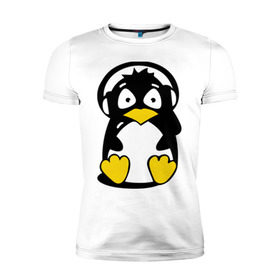 Мужская футболка премиум с принтом Пингвин в наушниках , 92% хлопок, 8% лайкра | приталенный силуэт, круглый вырез ворота, длина до линии бедра, короткий рукав | животные | пингвиненок | пингвинчик | прикольные картинки